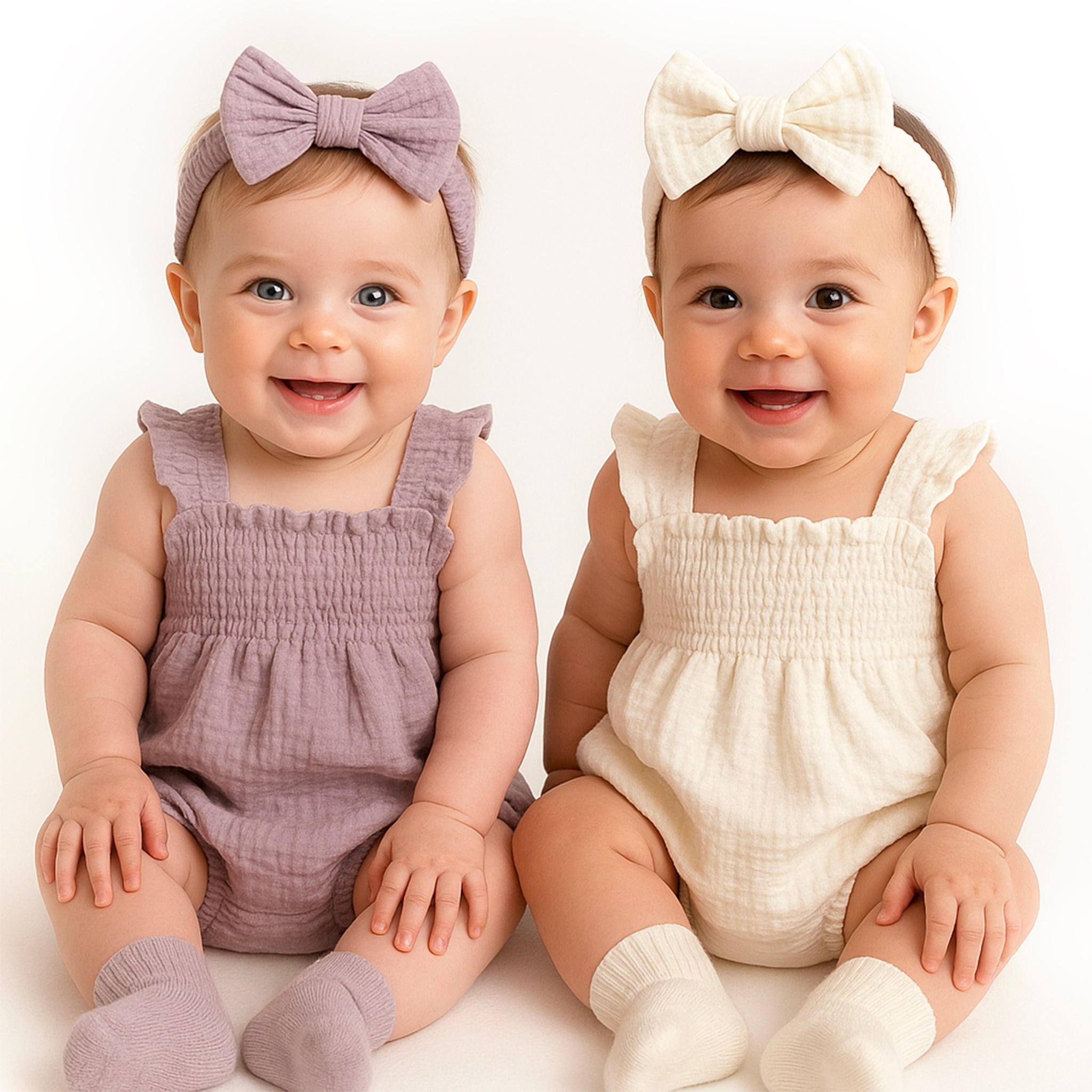 Smocked Strap Bubble Romper & Bow Set