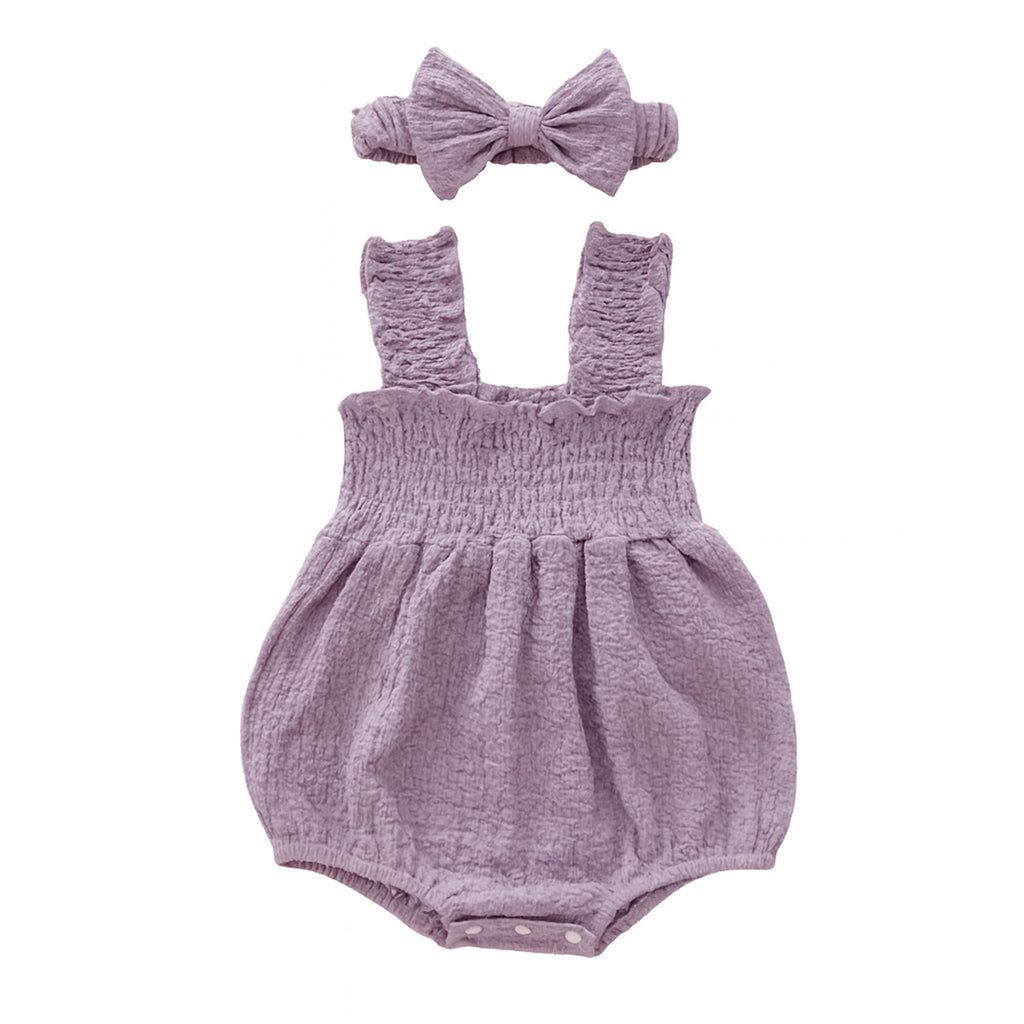 Smocked Strap Bubble Romper & Bow Set