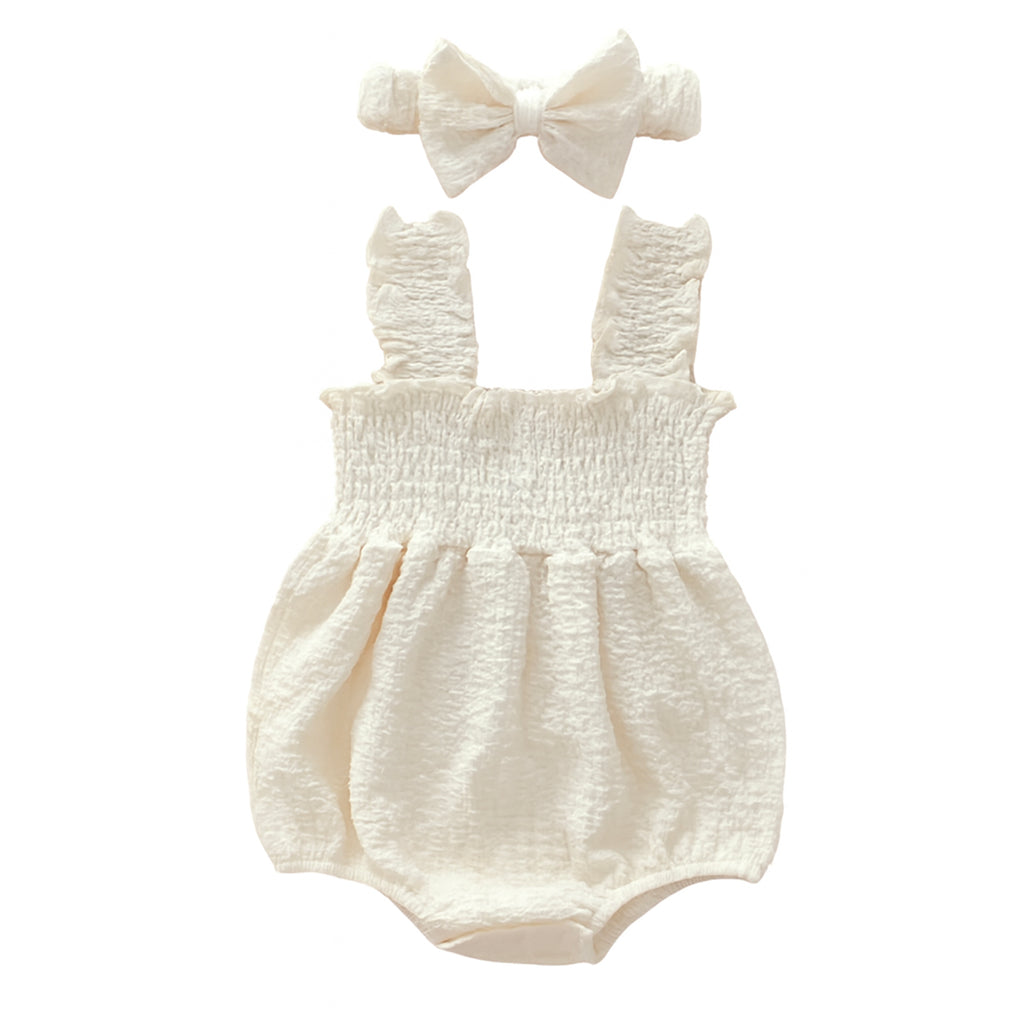 Smocked Strap Bubble Romper & Bow Set