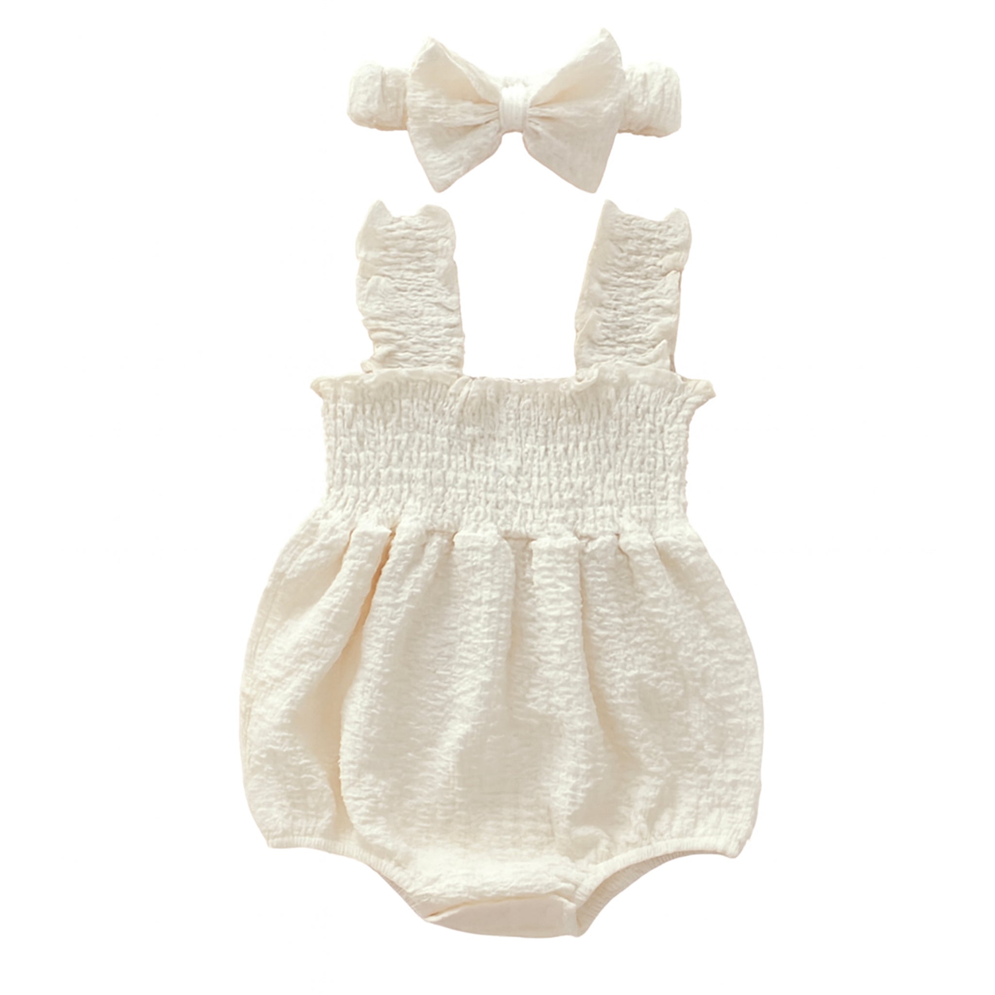 Smocked Strap Bubble Romper & Bow Set