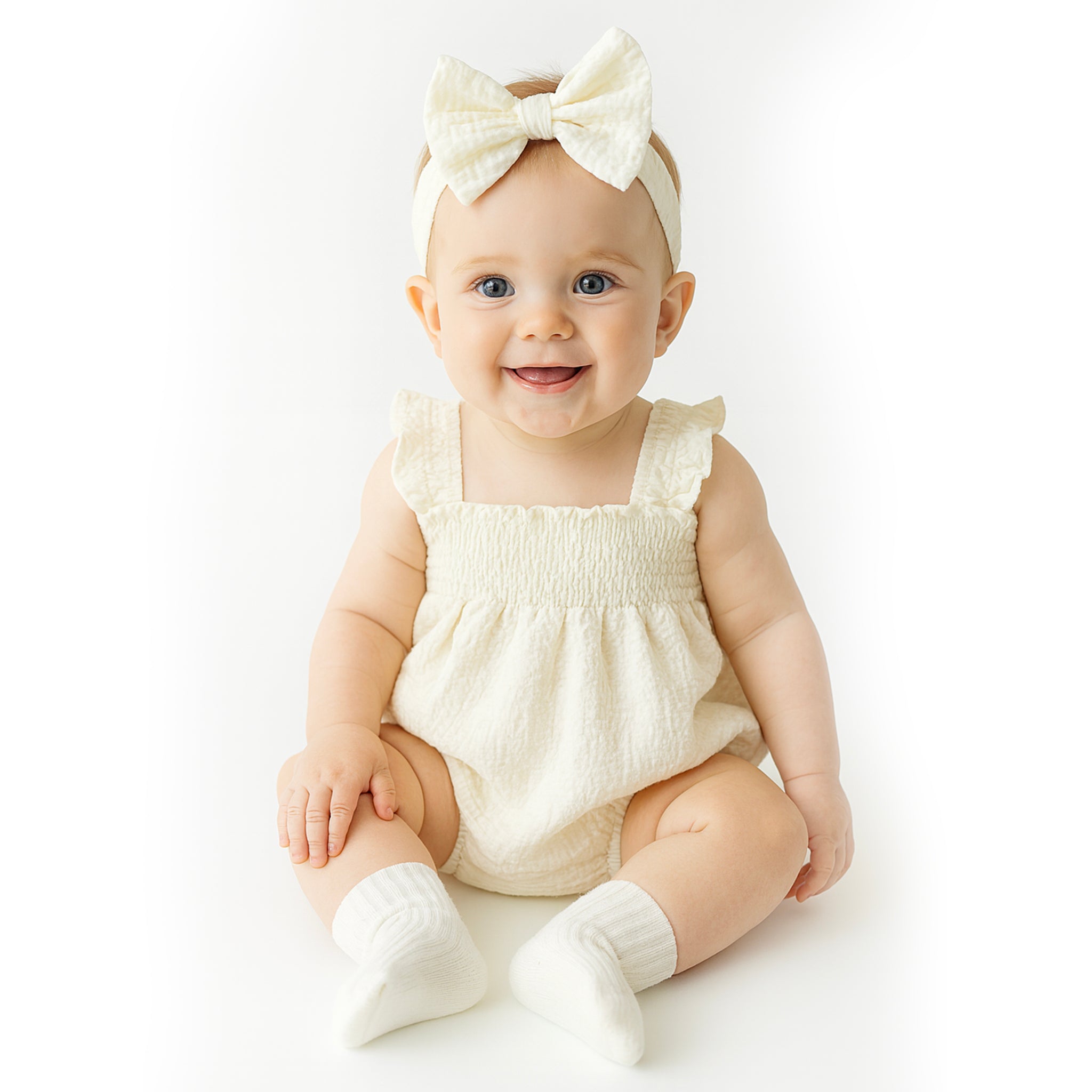 Smocked Strap Bubble Romper & Bow Set