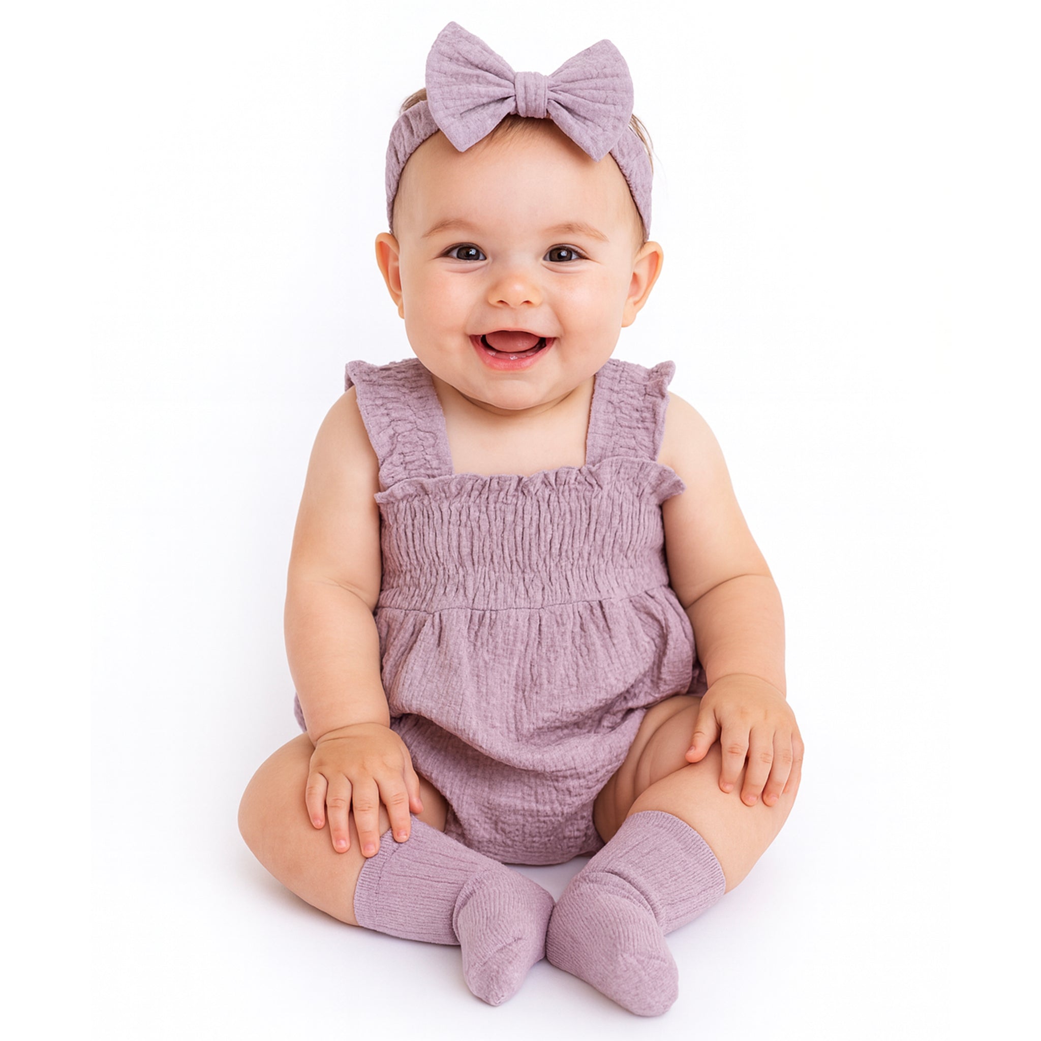 Smocked Strap Bubble Romper & Bow Set