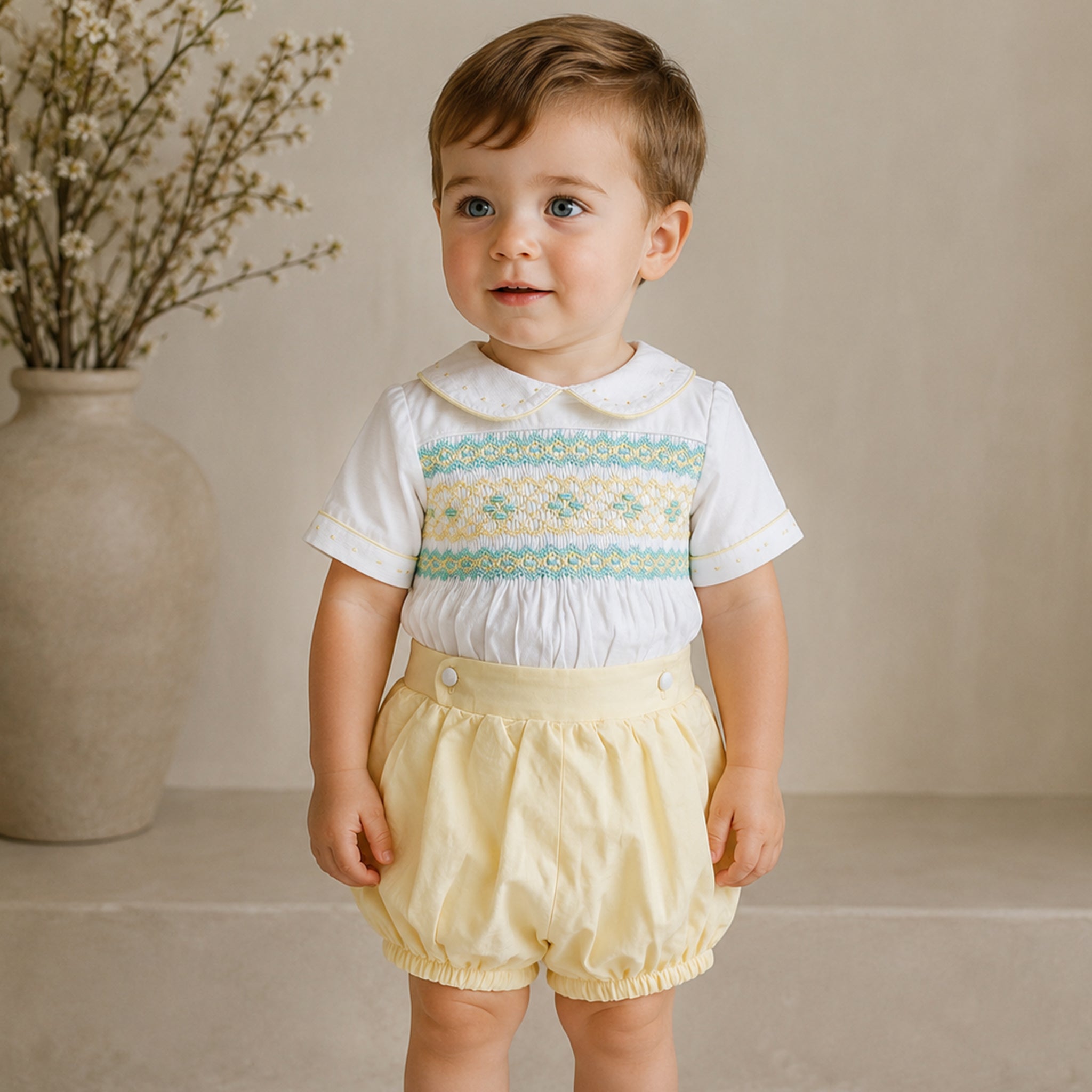 Lemon Drop Smocked Romper - Boys