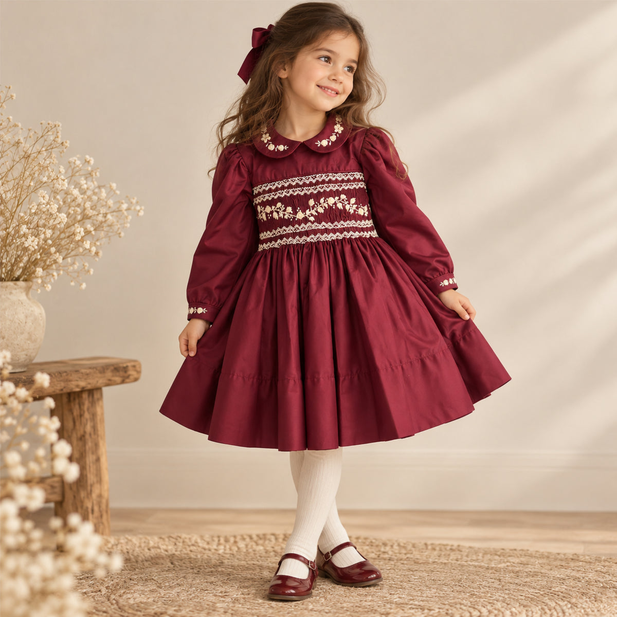 Burgubdy Pearl Smocked Dress
